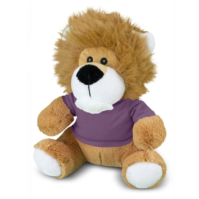 A plush lion toy with a brown body, fluffy mane, and wearing a purple shirt. It has a friendly expression and soft features.
