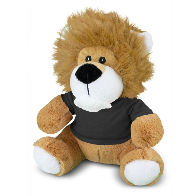 A plush lion toy with a fluffy mane and a black shirt, featuring tan and white colours. It has a small logo on the shirt.