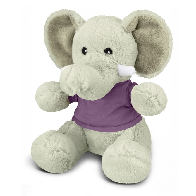 A grey elephant plush toy wearing a purple shirt, featuring large ears and a soft, cuddly design.