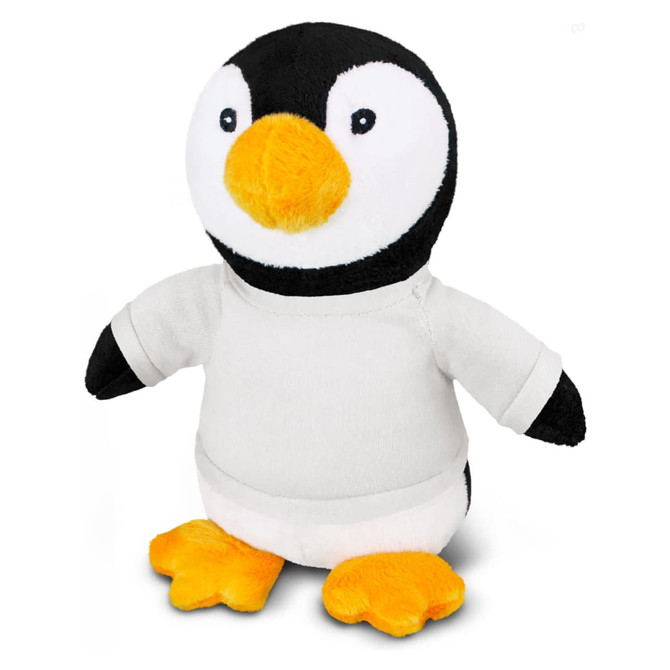 A plush toy penguin in black, white, and orange, wearing a white shirt. It has a friendly expression and small feet.