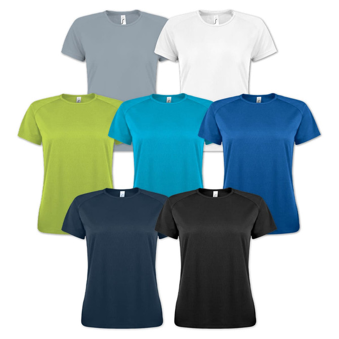 A collection of SOLS sporty women's T-shirts in grey, white, turquoise, green, navy, and black. Each shirt has a logo.