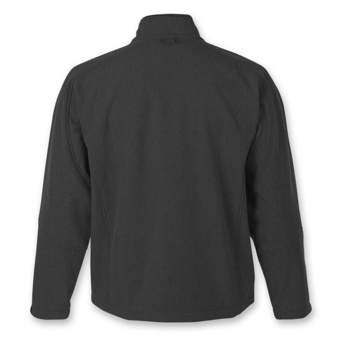 A grey softshell jacket featuring a high collar and a back view, complete with a logo.