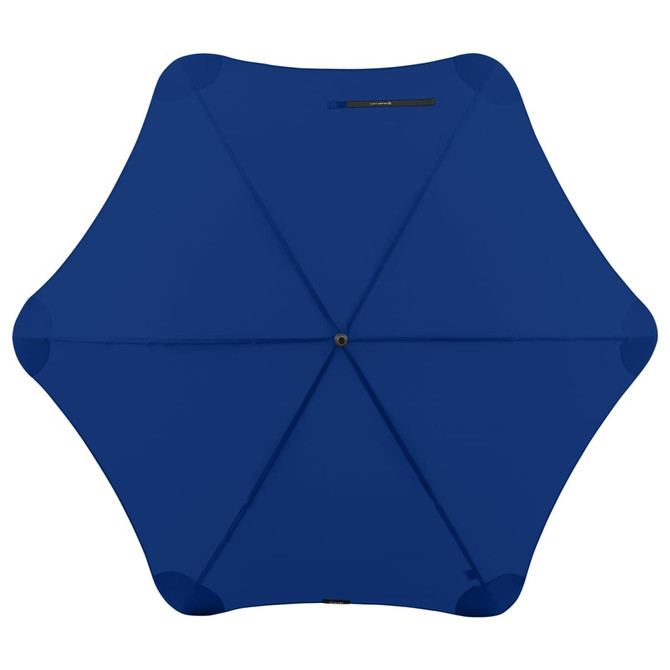 A blue umbrella with a hexagonal shape and a central rib, featuring a logo on the handle.