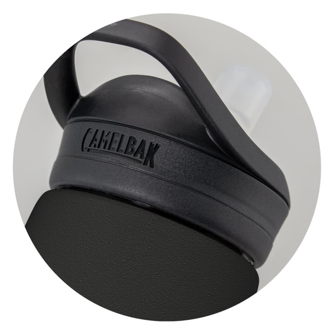 A drink bottle with a sturdy black body and a spout, featuring a logo on the lid.