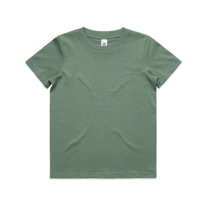A green kids' staple tee with a classic crew neck design and a label inside the neckline.