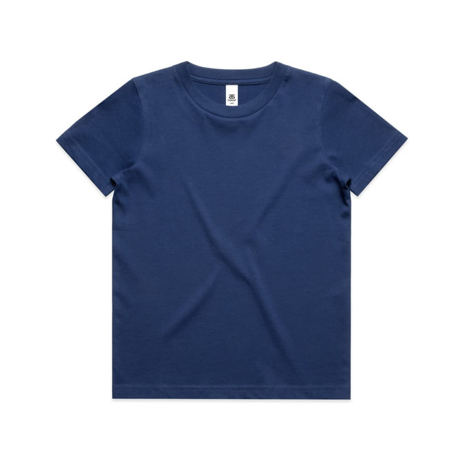 A navy blue kids' staple tee with a classic crew neck design and short sleeves. It has a label inside.