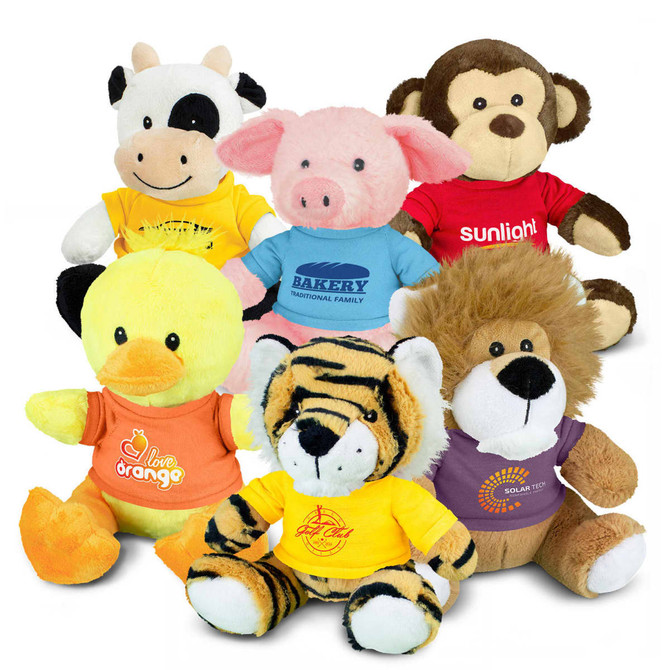 A collection of assorted plush toys including a cow, pig, monkey, duck, tiger, and lion, each wearing colourful shirts.
