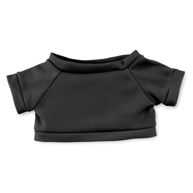 A black crop top for plush toys, featuring short sleeves and a rounded neckline.