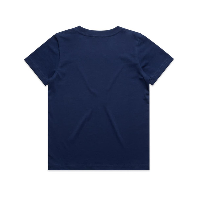A navy blue kids' t-shirt featuring a simple design and a logo.