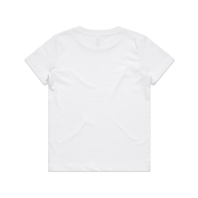 A plain white Kids Staple Tee featuring a simple design. The shirt has a logo on the back.