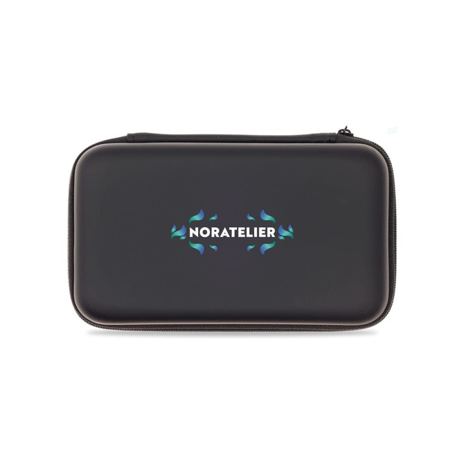 A black zippered case featuring a logo on the front, designed for storage or travel purposes.