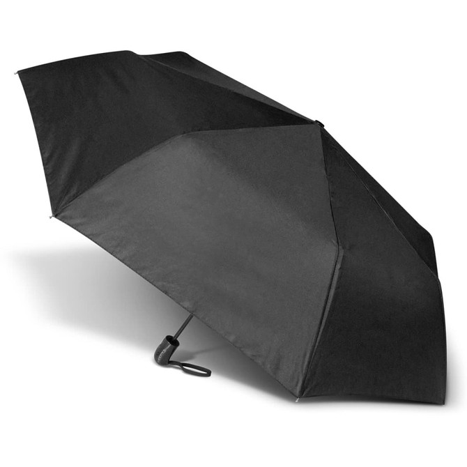 A black umbrella with a sturdy design and a handle, featuring a simple and sleek appearance.