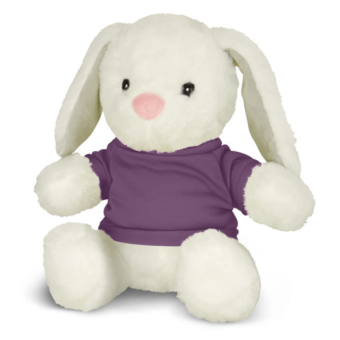 A white plush rabbit toy wearing a purple shirt, featuring soft fur and large ears.
