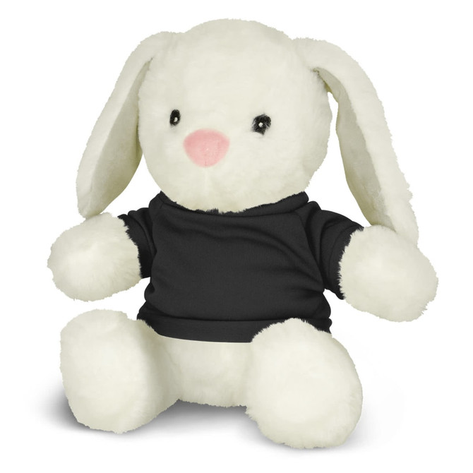 A plush rabbit toy in white with a black shirt, featuring floppy ears and a pink nose.