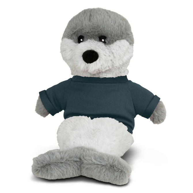 A grey and white plush seal toy wearing a blue shirt, featuring a friendly expression and a soft texture.