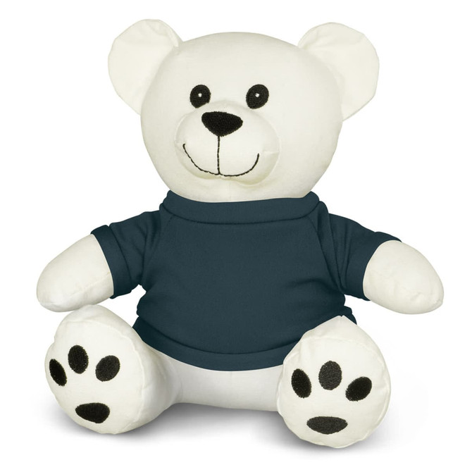 A white plush bear toy wearing a navy blue shirt, featuring black paw prints and stitched facial features.