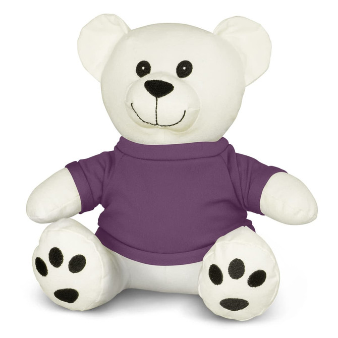 A white plush bear toy with a purple shirt and black paw prints, featuring a friendly smile and large round ears.