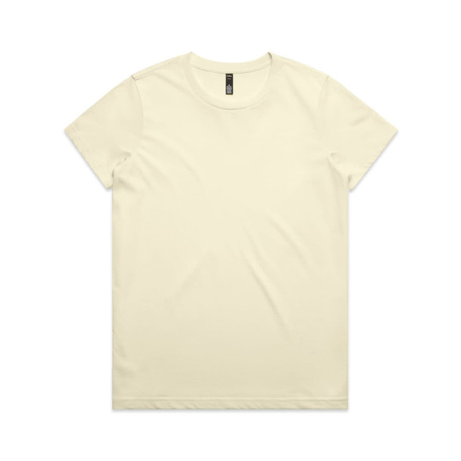 A plain light yellow t-shirt with a round neck, featuring a brand label on the neckline.