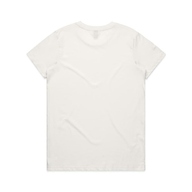 A plain white T-shirt featuring a simple design and a logo on the back.
