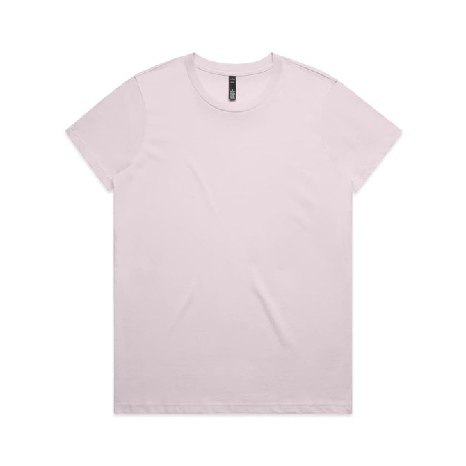 A light pink t-shirt featuring a simple design and a logo on the label.