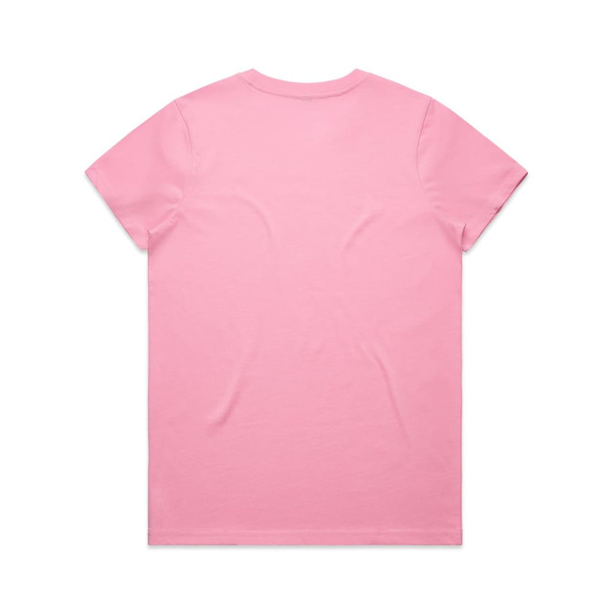 A pink t-shirt with a plain back and a circular neckline, featuring a logo.