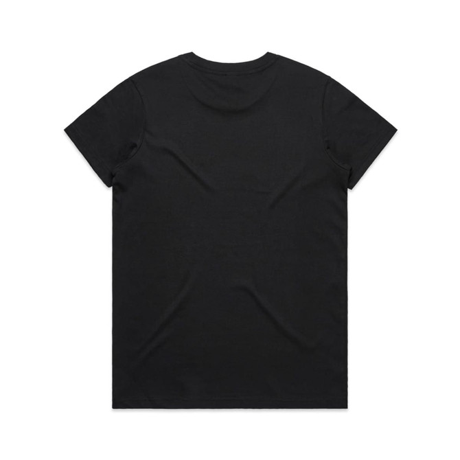 A black T-shirt featuring a plain back design and a logo.