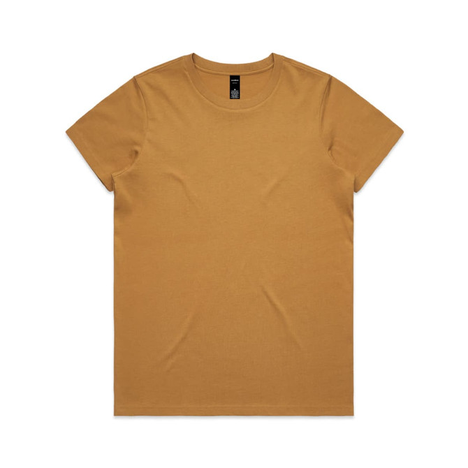 A short-sleeved, mustard yellow T-shirt with a simple design and a small logo on the tag.