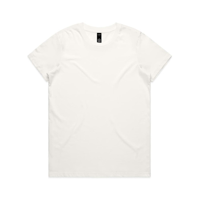 A plain white T-shirt with a round neckline and short sleeves. The shirt features a logo on the label.