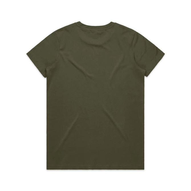 An olive green T-shirt with a classic crew neckline and short sleeves, featuring a logo on the back.