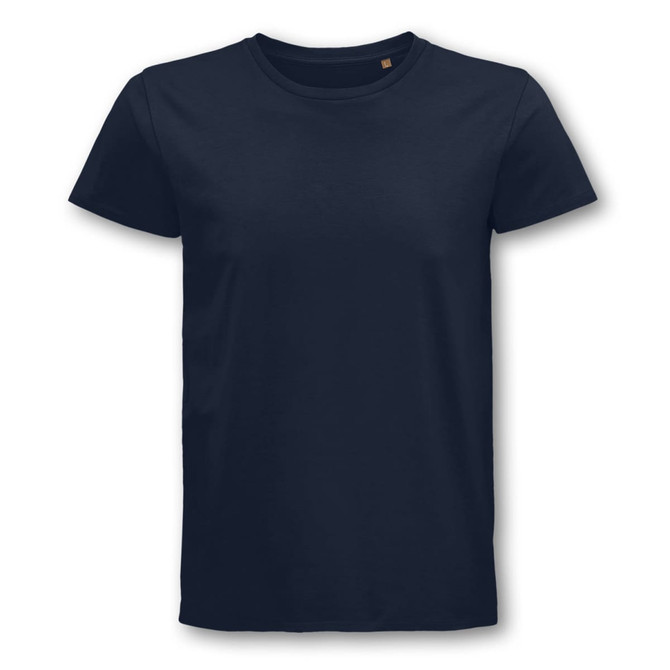 A navy organic cotton men's t-shirt with a classic crew neck and short sleeves. Features a logo on the label.