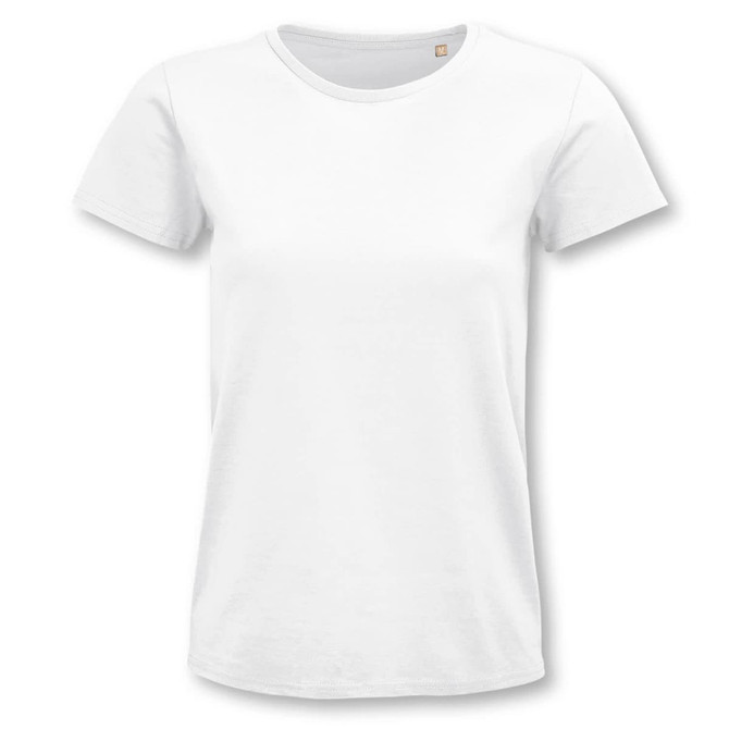 A white women's organic T-shirt with a fitted design, featuring a crew neckline and short sleeves, plus a logo.