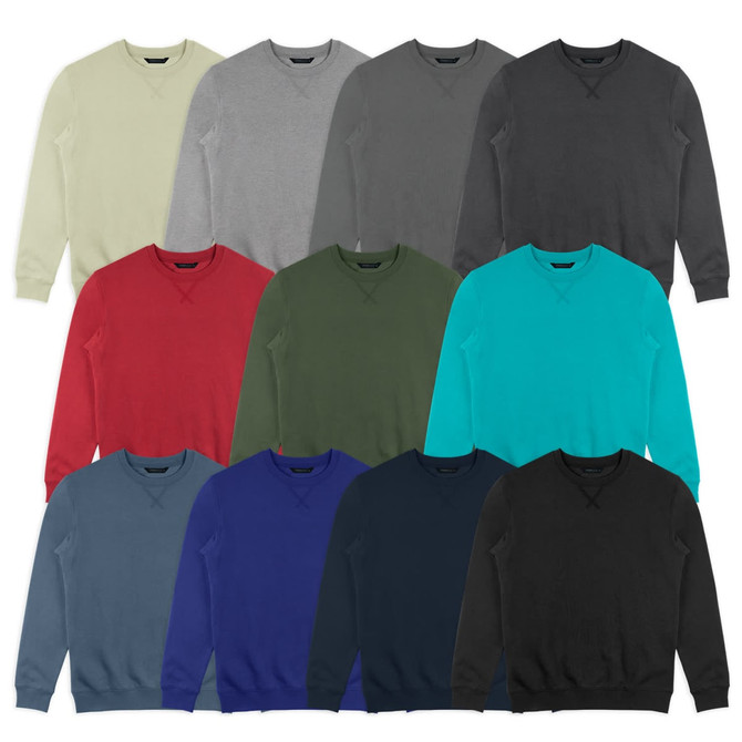 A collection of TRENDSWEAR Classic Unisex Sweatshirts in various colours: beige, grey, red, green, turquoise, blue, and black.