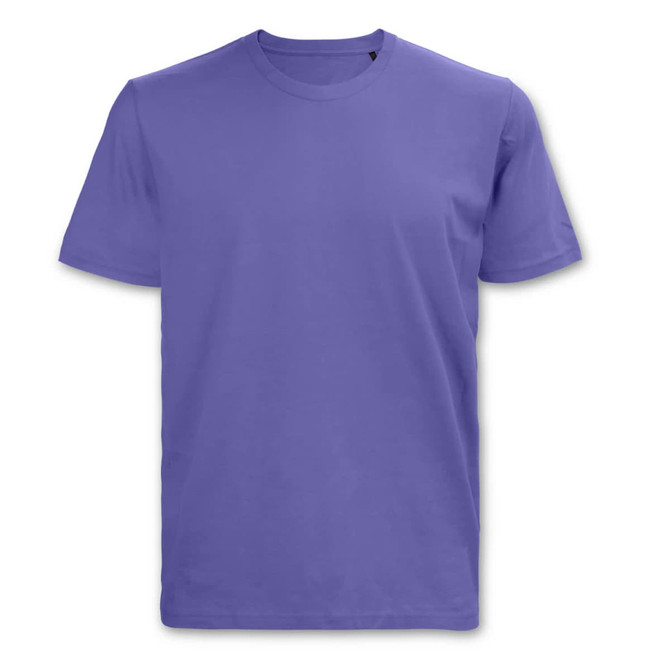 A purple T-shirt with a round neckline and short sleeves, featuring a branding logo.
