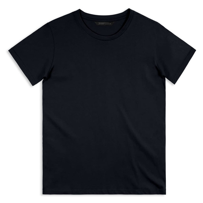 A navy blue men's T-shirt featuring a round neck and short sleeves, with a logo on the label.