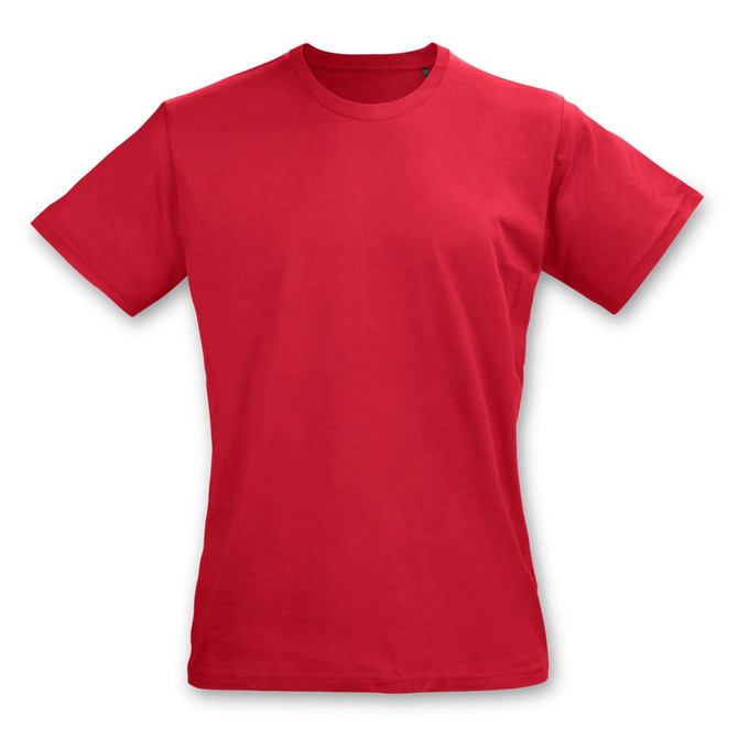 A red T-shirt with short sleeves, featuring a simple design and a logo on the front.