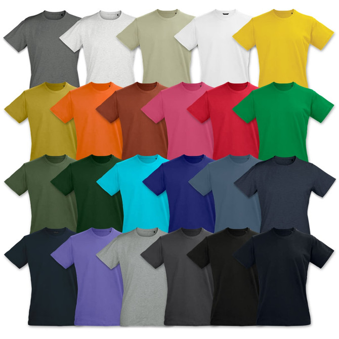 A collection of TRENDSWEAR Original Womens T-Shirts in various colours, featuring a simple design and short sleeves.