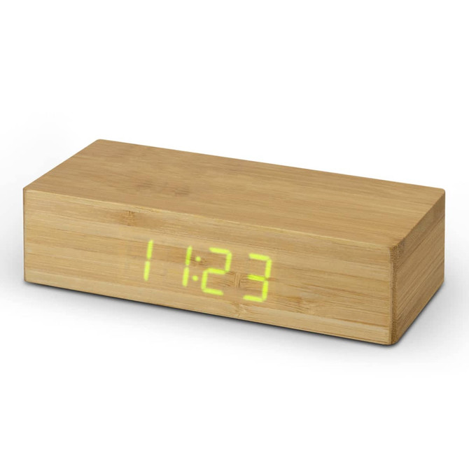 A bamboo wireless charging clock with a simple rectangular design and a digital display showing the time in green.
