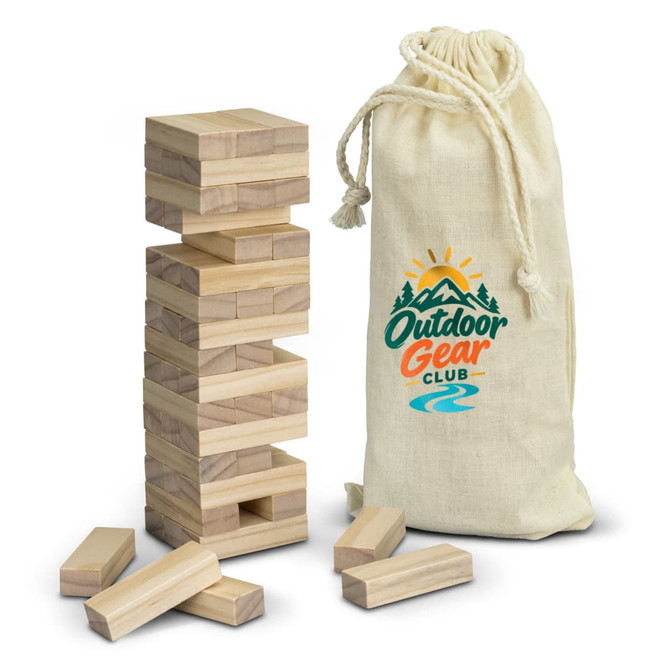 A stacked wooden tumbling tower game with natural finish pieces and a drawstring bag featuring a logo.
