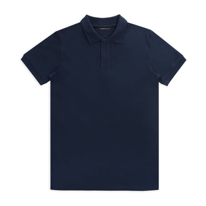 A navy blue men's polo shirt with a collar and three buttons, featuring a logo on the chest.