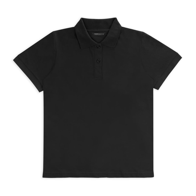 A black women's polo shirt with a classic collar and button placket, featuring short sleeves and a logo.