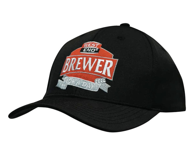 A black twill cap featuring a logo on the front. The cap has a curved brim and an adjustable back.