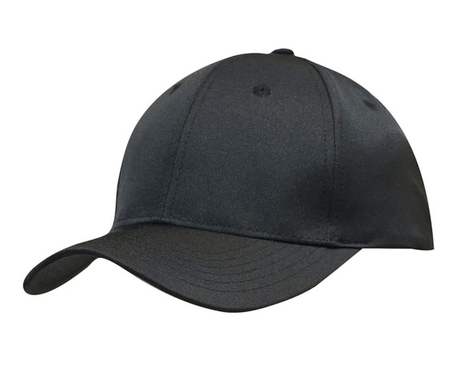 A black premium twill cap with a curved brim and a logo on the front. Suitable for various headwear styles.