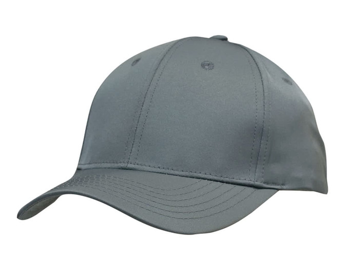 A grey twill cap with a curved brim and a logo, featuring multiple stitching lines.