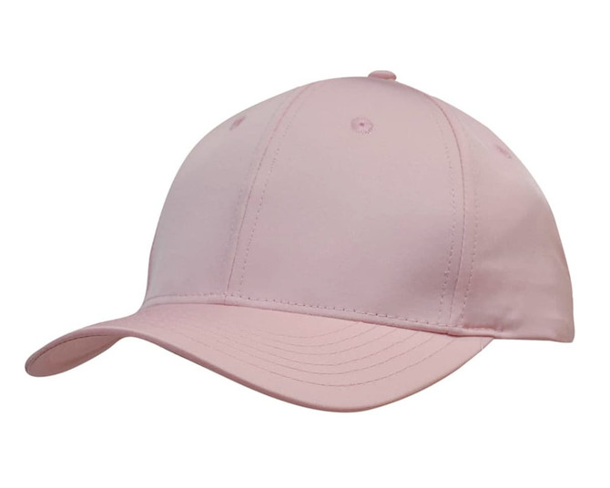 A pink premium sports twill cap featuring a structured design and a logo on the front.