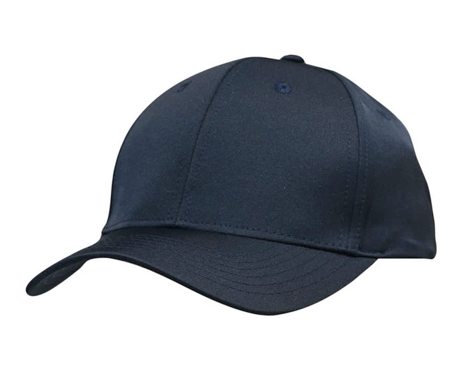 A navy premium sports twill cap featuring a curved brim and a logo on the front.