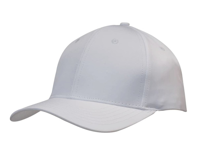 A white sports twill cap featuring a structured design and a curved brim, complete with a logo.
