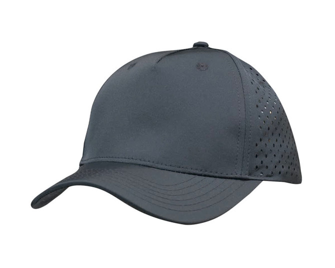 A black sports twill cap with tear drop perforations and a curved brim. Features a logo on the front.