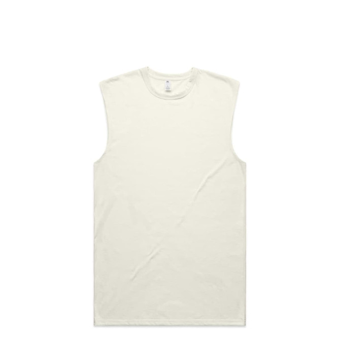 A light cream sleeveless tank top with a simple design and a logo. 