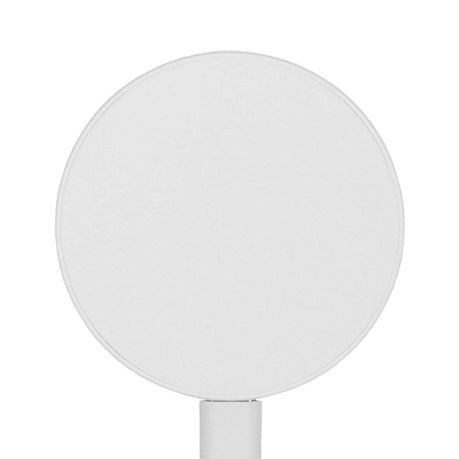 A round, white magnetic wireless charger with a sleek design and a built-in stand.