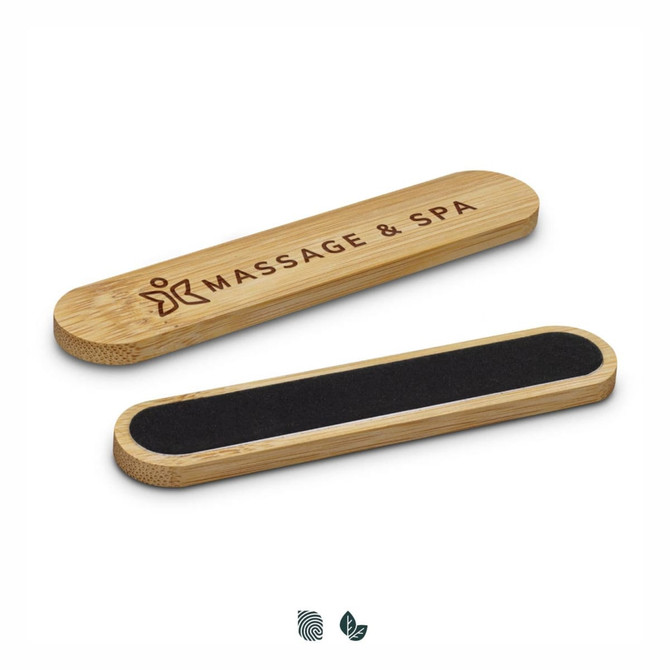 A bamboo nail file with a black filing surface and an engraved logo, featuring a smooth, natural finish.